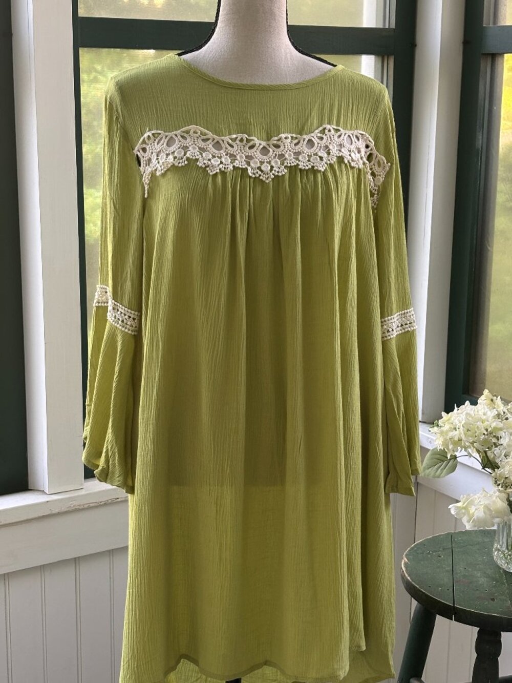 Hayden LA Chartreuse Crochet Lace Dress NWT Small Boho Green Bell Sleeve - Picture 1 of 6